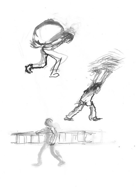 3 figures, one carying a big ball on the back, another one carrying something above the head and the third one carrying a ladder