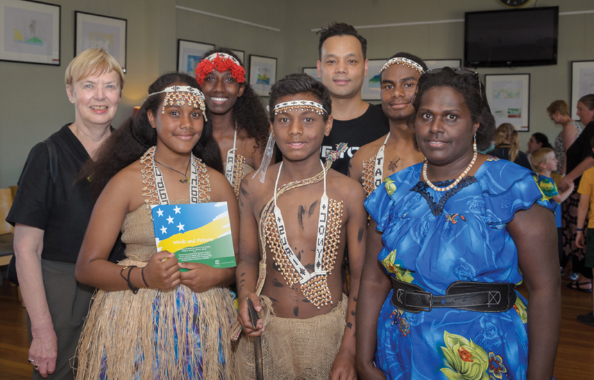 Professor Maureen Ryan with the Solomon Island Dancers at “Gallery Sunshine Everywhere“, in Melbourne, Australia, where the book was initially launched.