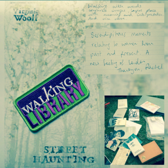 Image of books carried in the ‘street hauntings’
of the Walking Library for Women Walking, participant response
cards and the Walking Library patch made especially for the Women
Walking edition in the Suffragette colours of purple and green