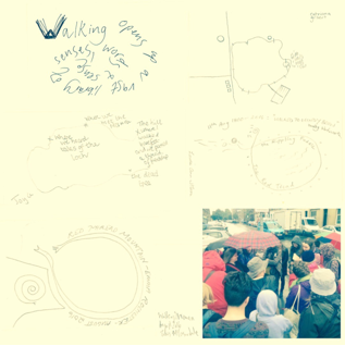 Composite of response cards and image of participants from the Walking Library for Women Walking, a walk along Leith Walk, Edinburgh, 11 August 2016