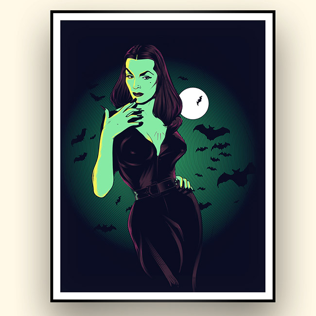 Illustration of a woman in a black dress in green light with full moon and bats in the background