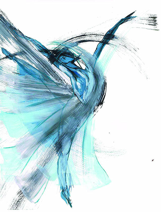 Blue ballet dancer performing arabesque.