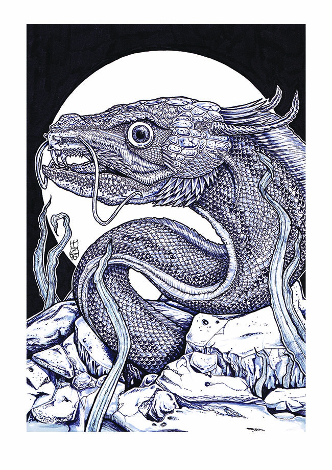Eel-like dragon emerging from rocks.