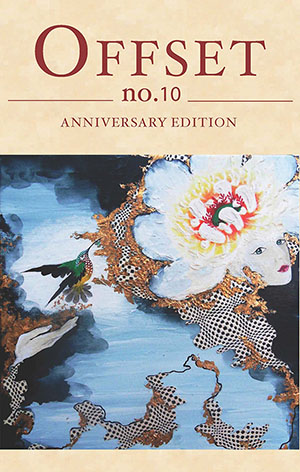 Offset 10 cover, a picture of a green bird on the left and a woman's head with a biig flower on top on the right